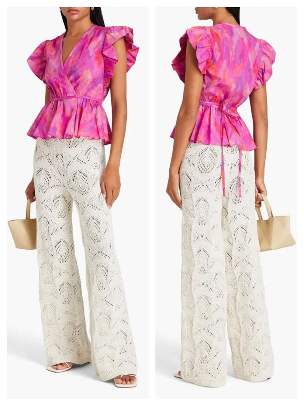 Derek Lam 10 Crosby Ember Ruffled Printed Cotton Poplin Wrap Top Fuchsia Size 6